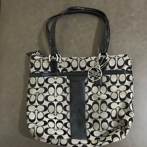 Coach Black and Cream Signature Tote with Monogram Pattern